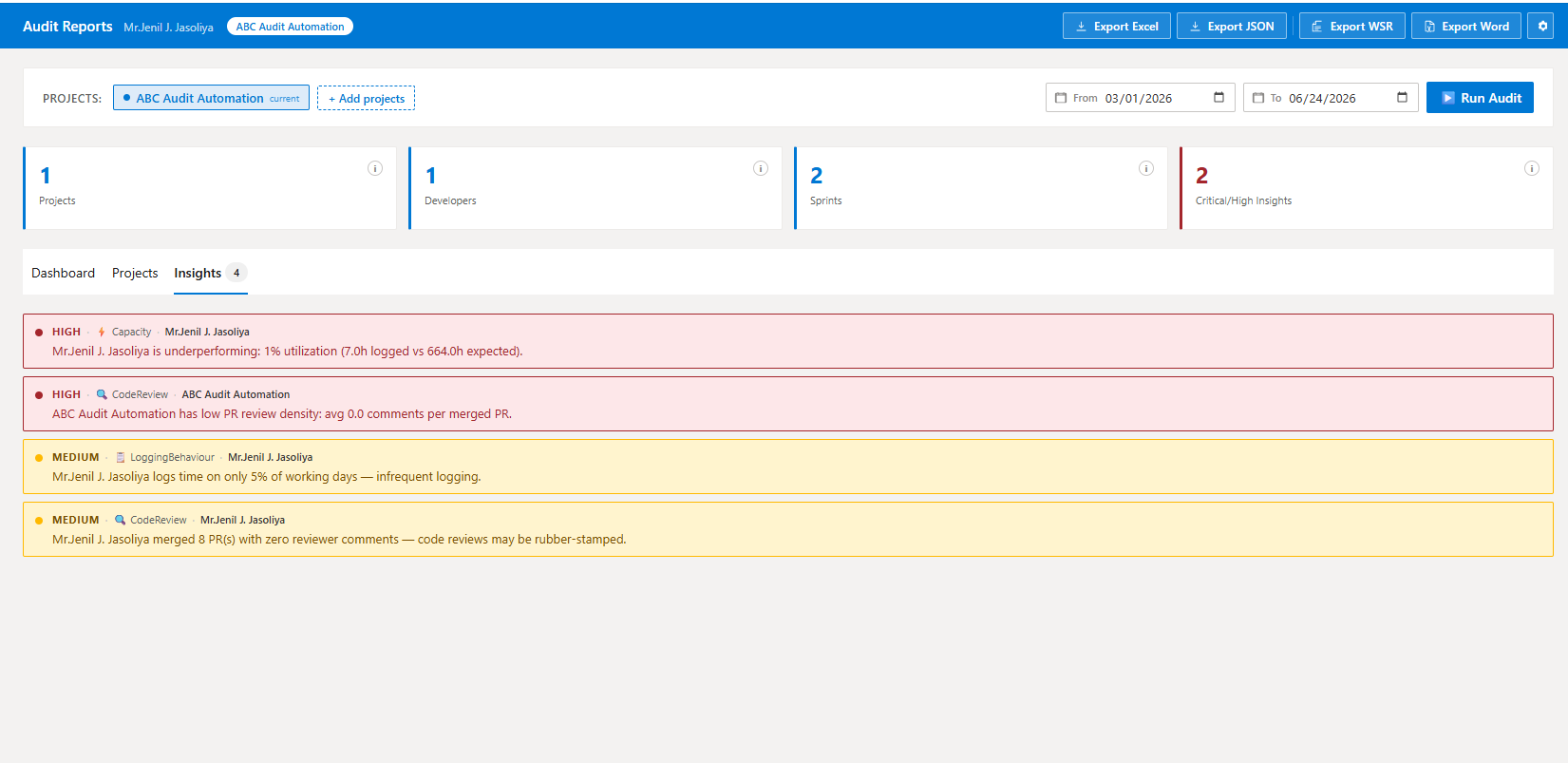 Insights tab severity-filtered list of automated findings