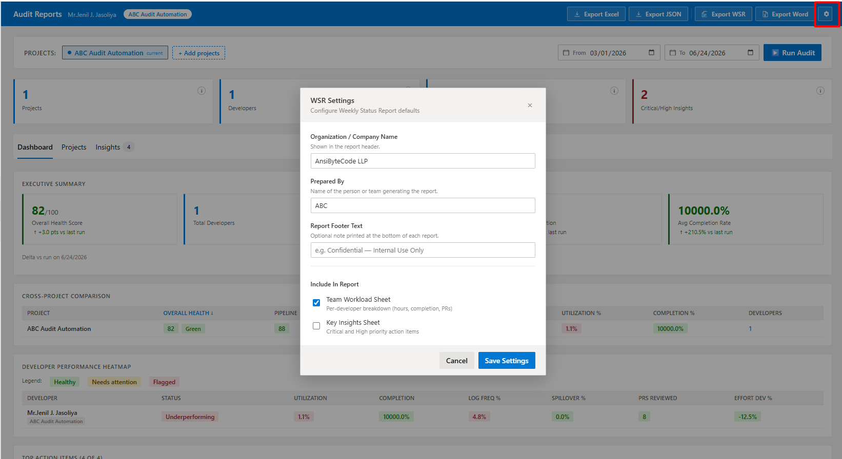 Audit Settings page - capacity defaults, thresholds, public holidays, and per-project overrides