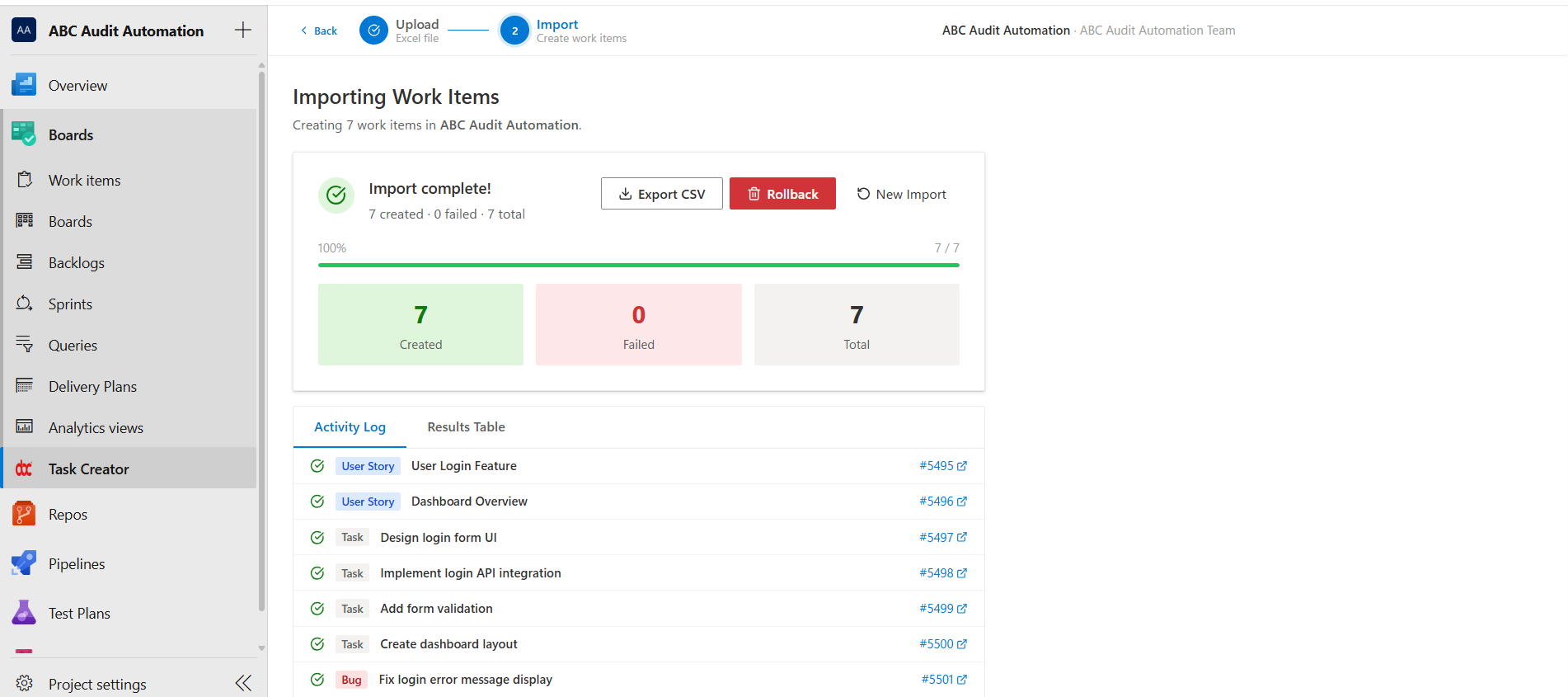 Real-time import progress with activity log