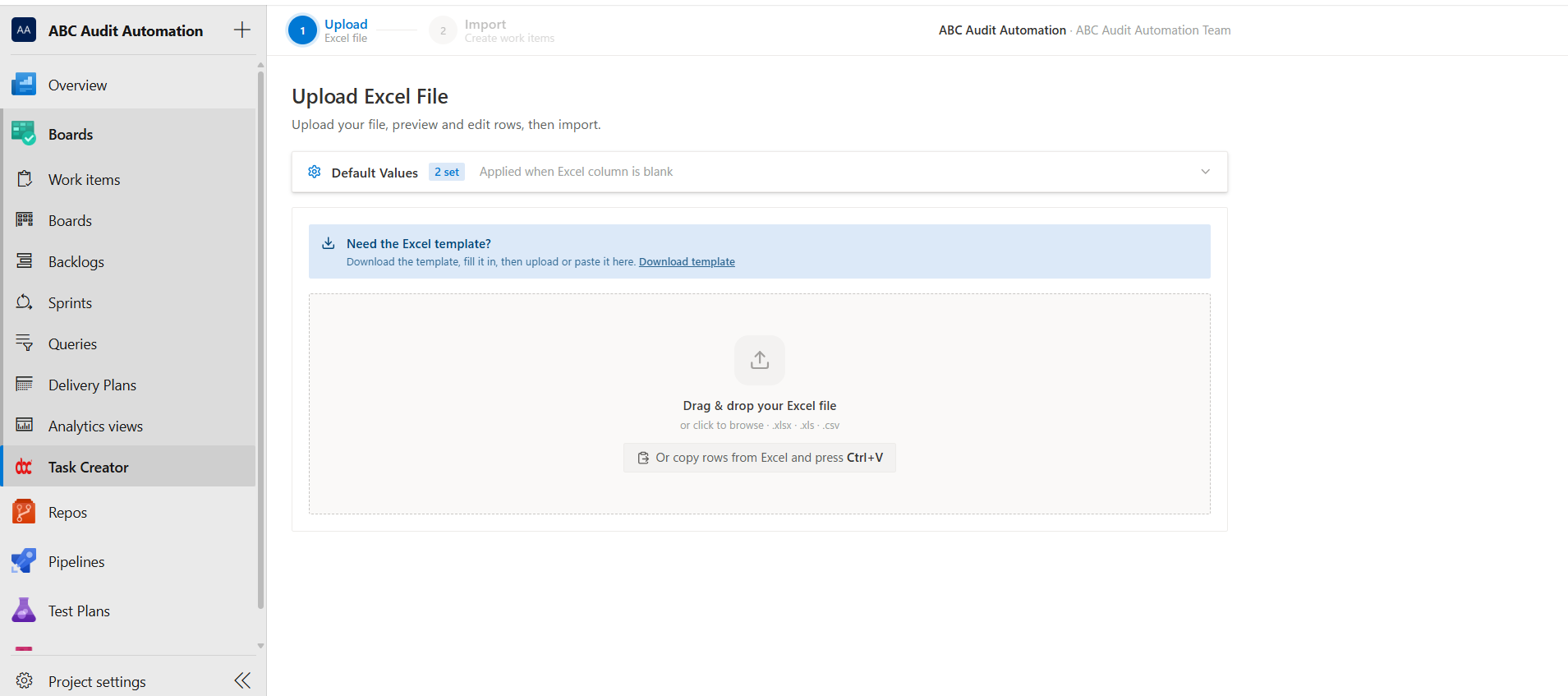 Upload, preview, and import work items from Excel