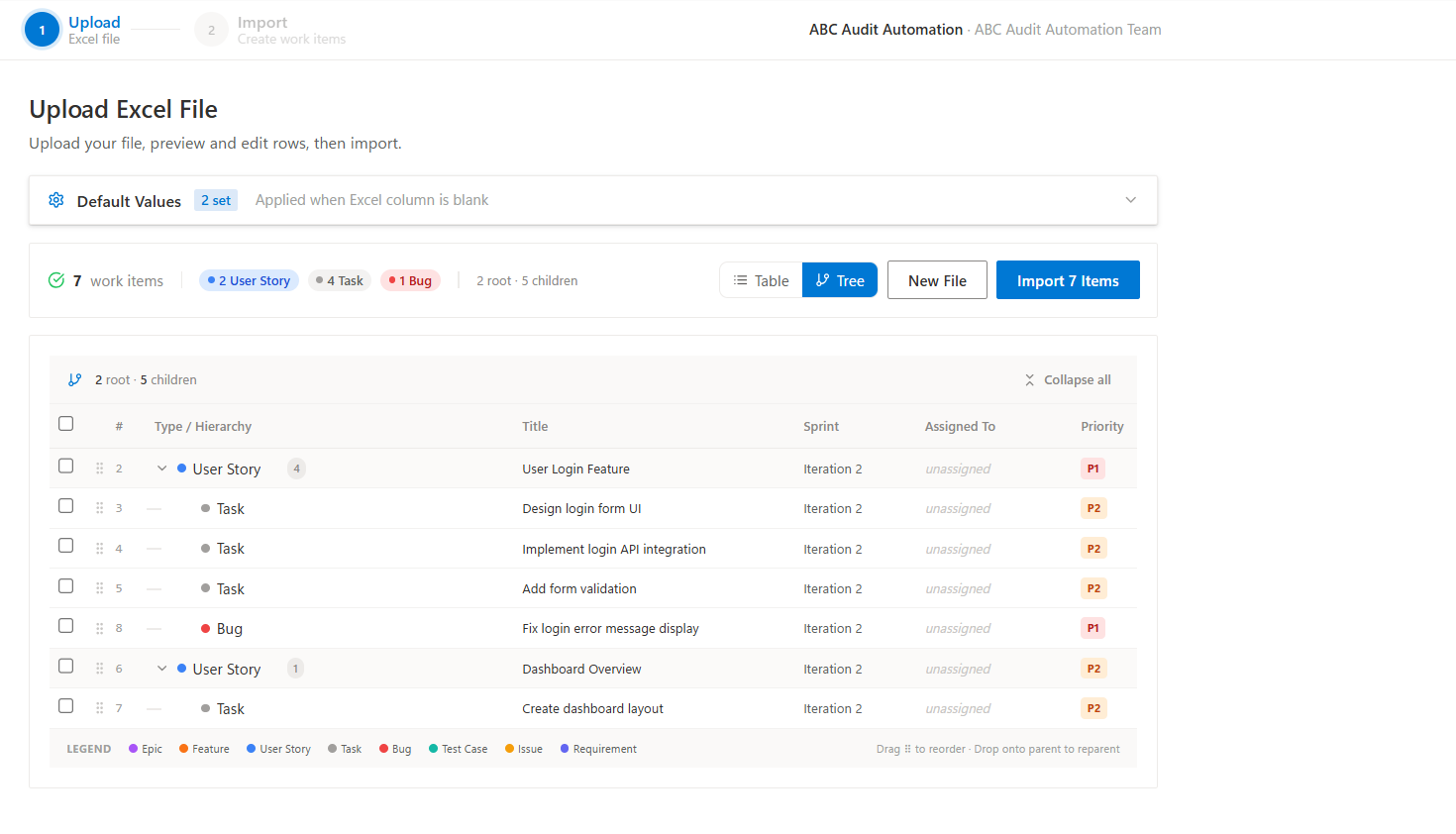 Preview table with inline editing, bulk selection, and duplicate detection