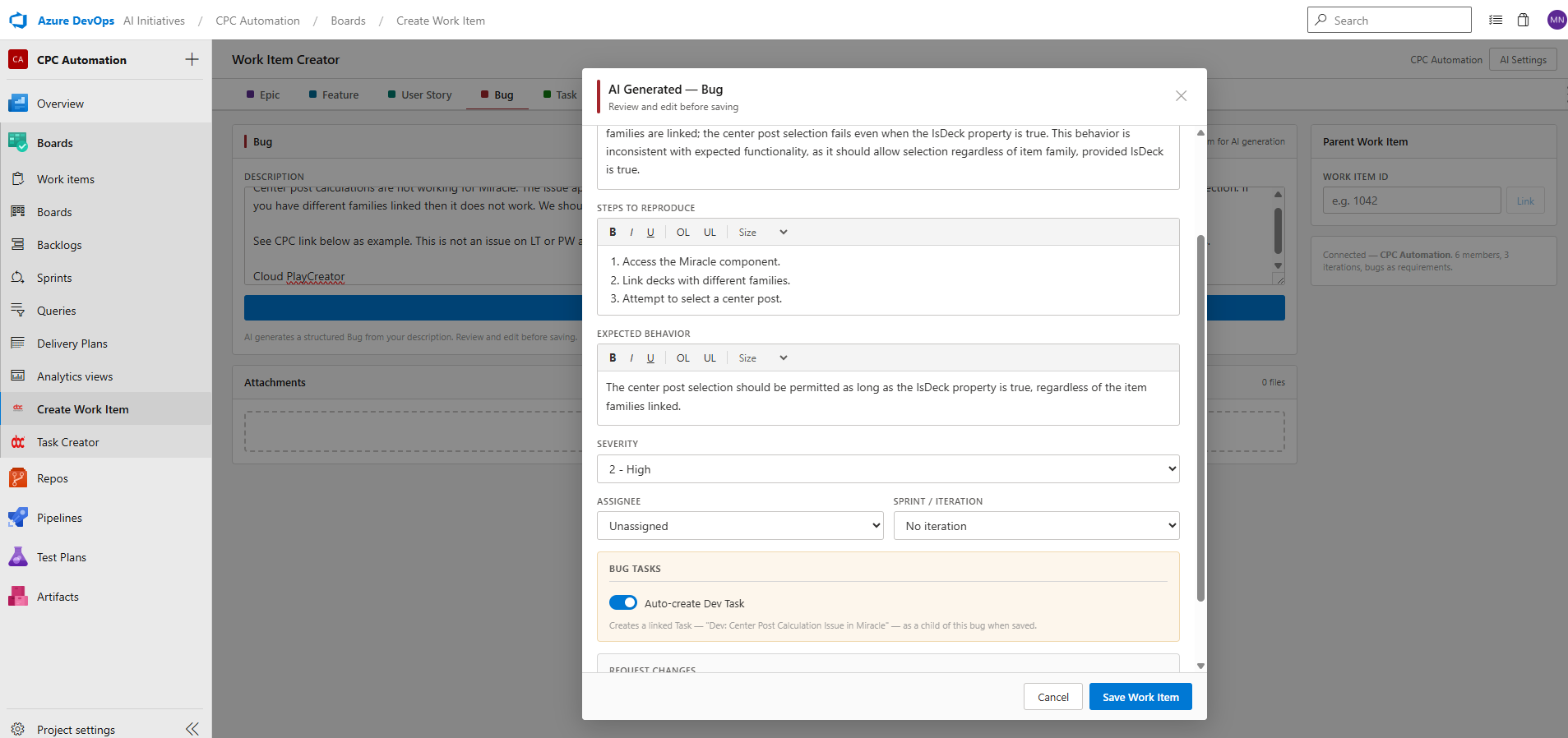 Bug modal showing the Auto-create Dev Task toggle