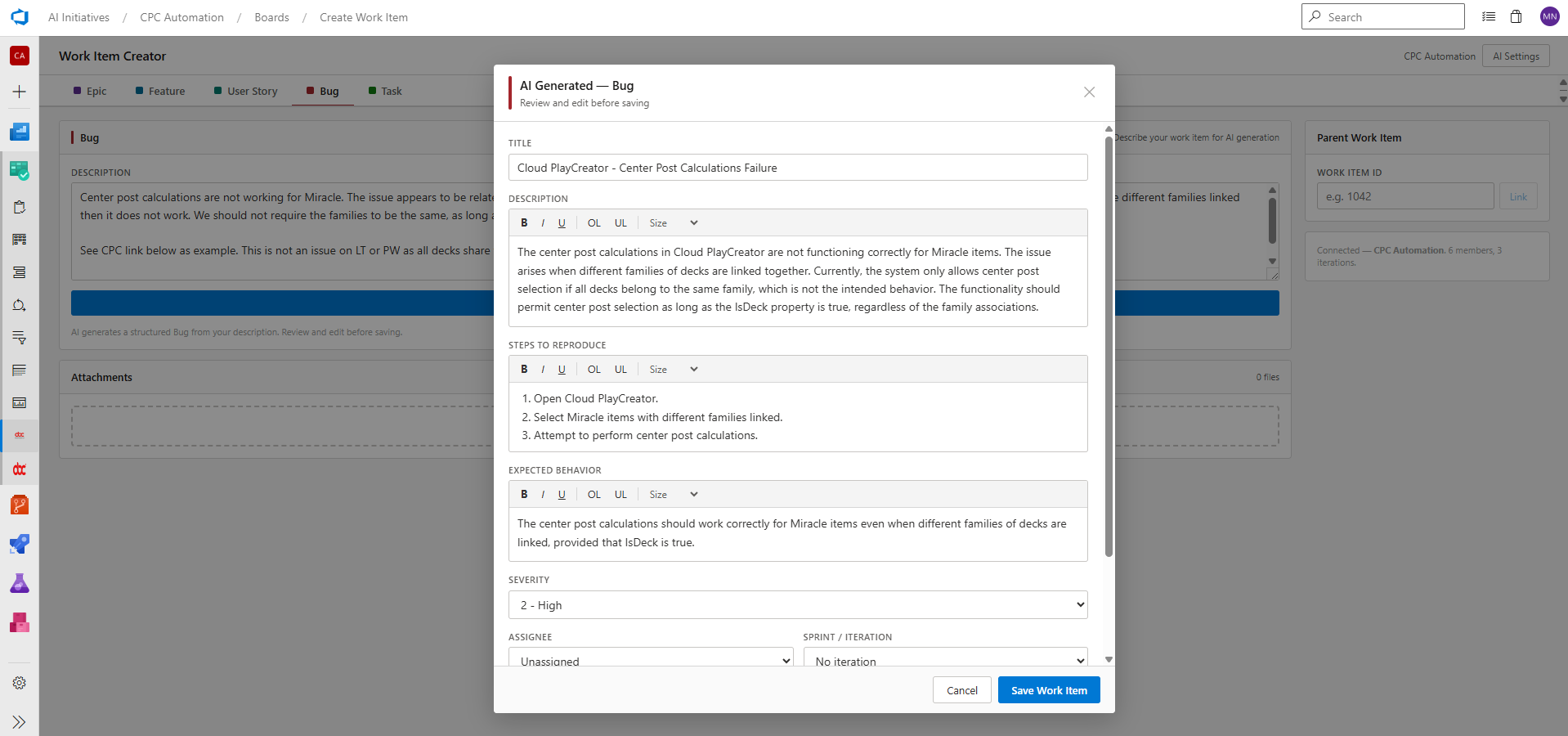 Bug review modal with all fields pre-filled by AI