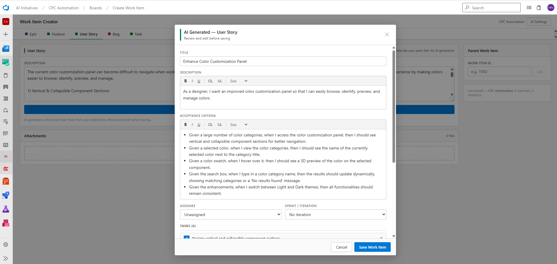 User Story review modal with acceptance criteria and auto-generated tasks
