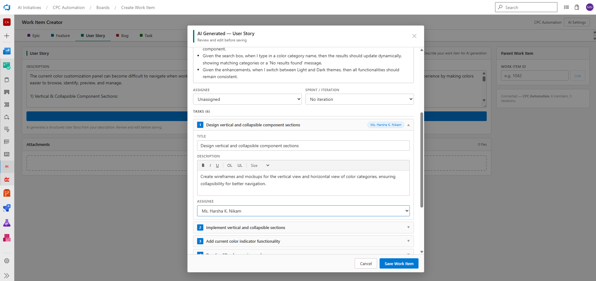 Expanding a task card to assign it to a specific team member